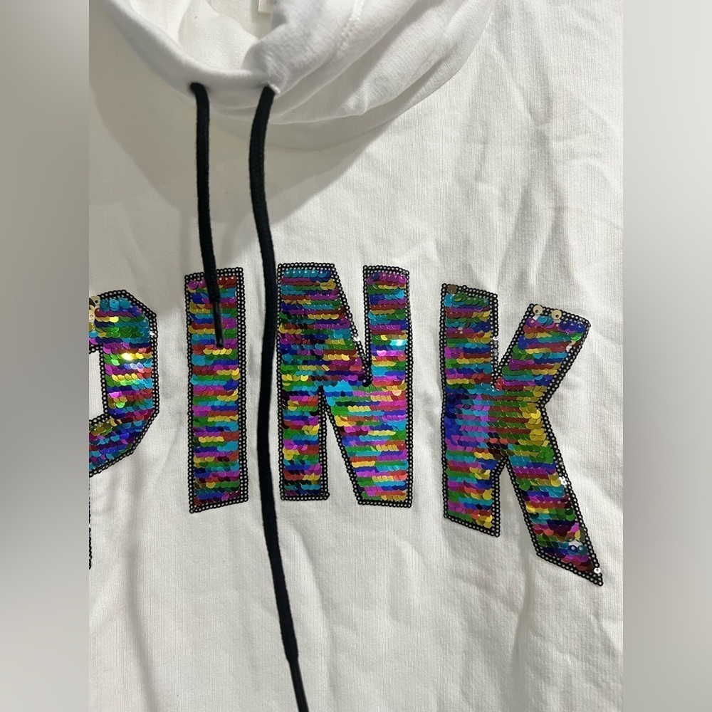 NEW NIP VS PINK Victoria Secret white sequins cowl neck crop sweatshirt L large - Picture 3 of 7